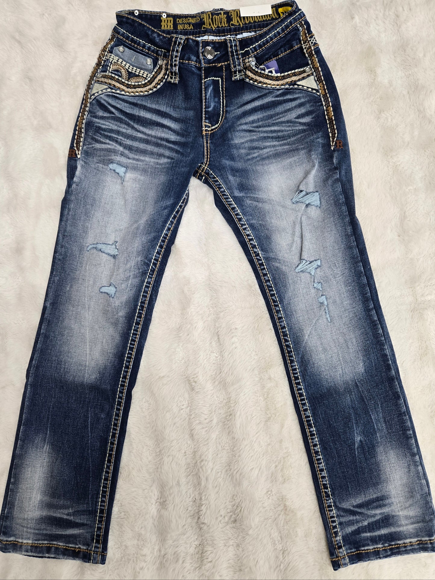 Rock Revolution Mens Esteban Embroidered Bootcut Straight Fit Jean - Medium Blue