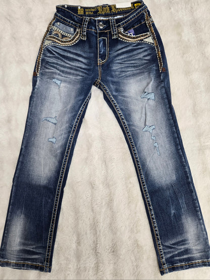 Rock Revolution Mens Esteban Embroidered Bootcut Straight Fit Jean - Medium Blue