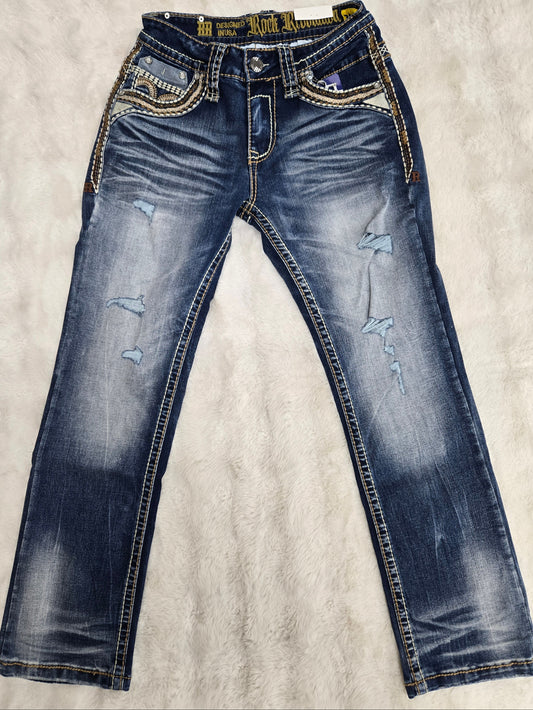 Revolution Mens Esteban Embroidered Bootcut Straight Fit  Ripped Jean - Medium Blue