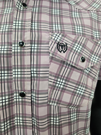 American West Mens Uriel Checkered Short Sleeve Button Shirt - Light Purple/Cherry