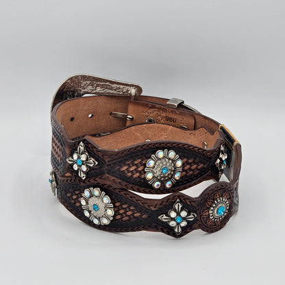 Tony Dilaz Womens Woven Jewel Flower Leather Belt