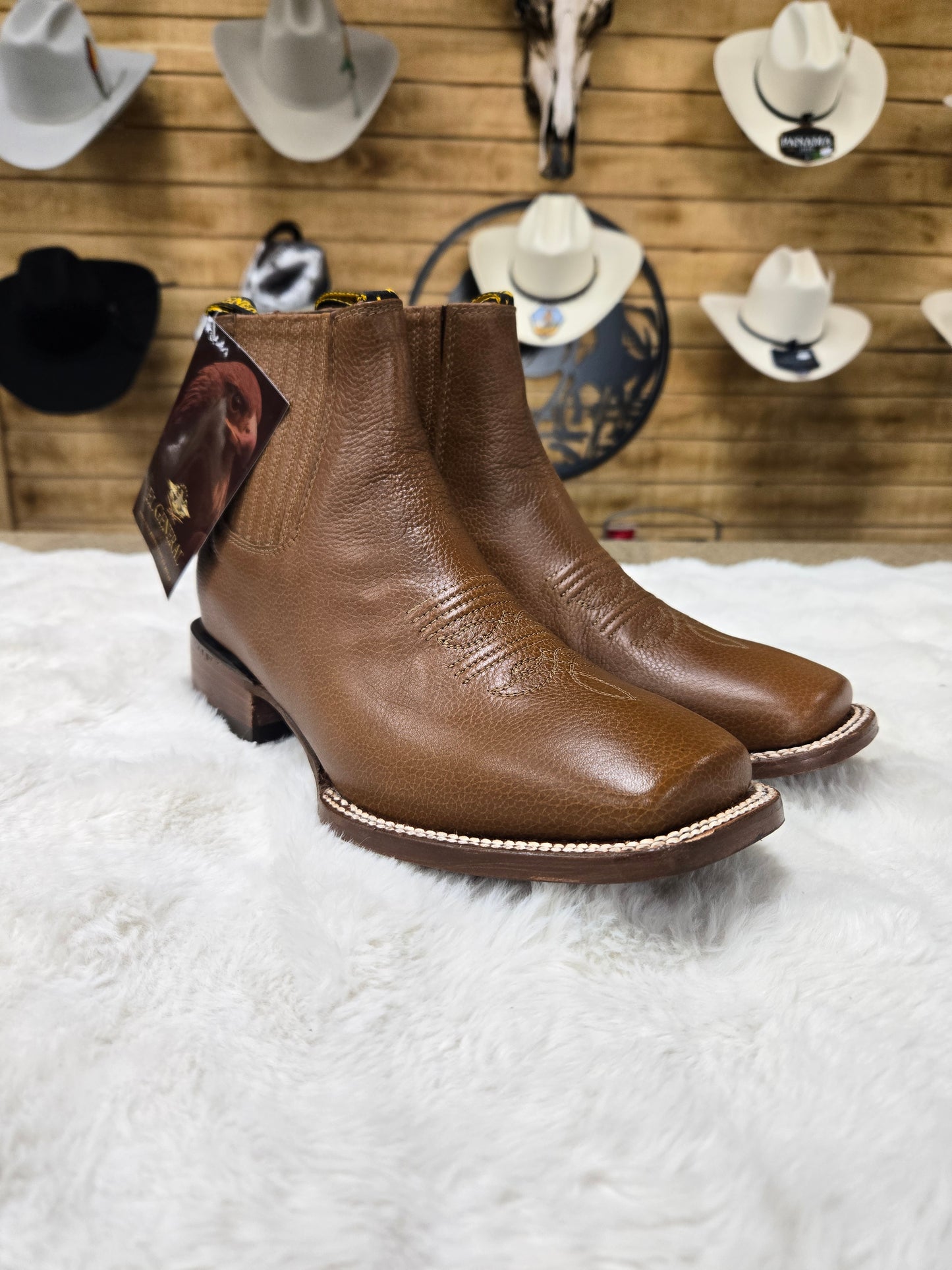 El General Mens Rodeo Leather Ankle Boot Botin - Brown, Tan