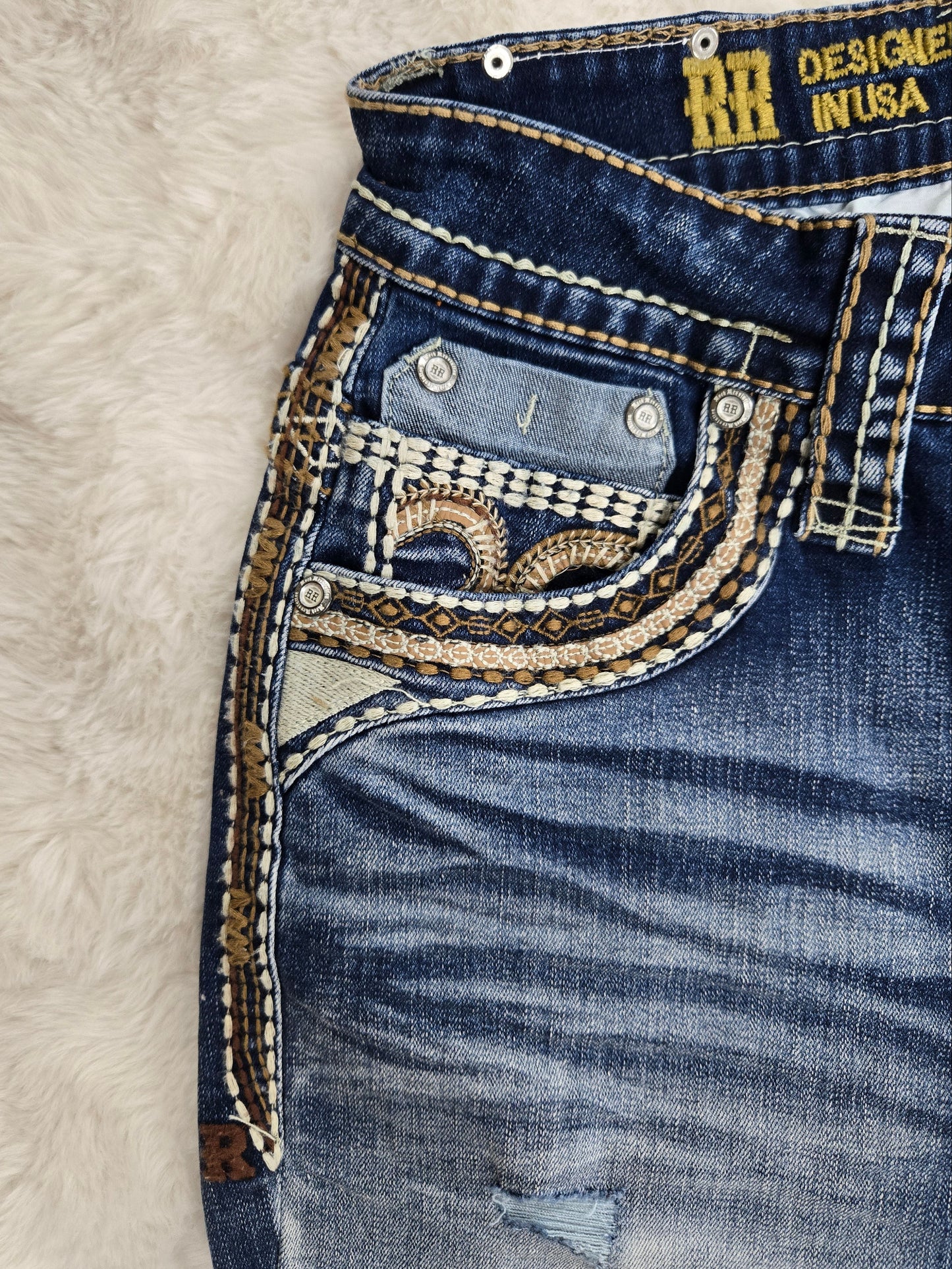 Rock Revolution Mens Esteban Embroidered Bootcut Straight Fit Jean - Medium Blue