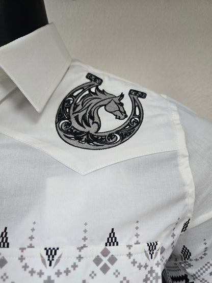 Lamasini Mens Horse Herradura Crest Snap Shirt - Charcoal, White
