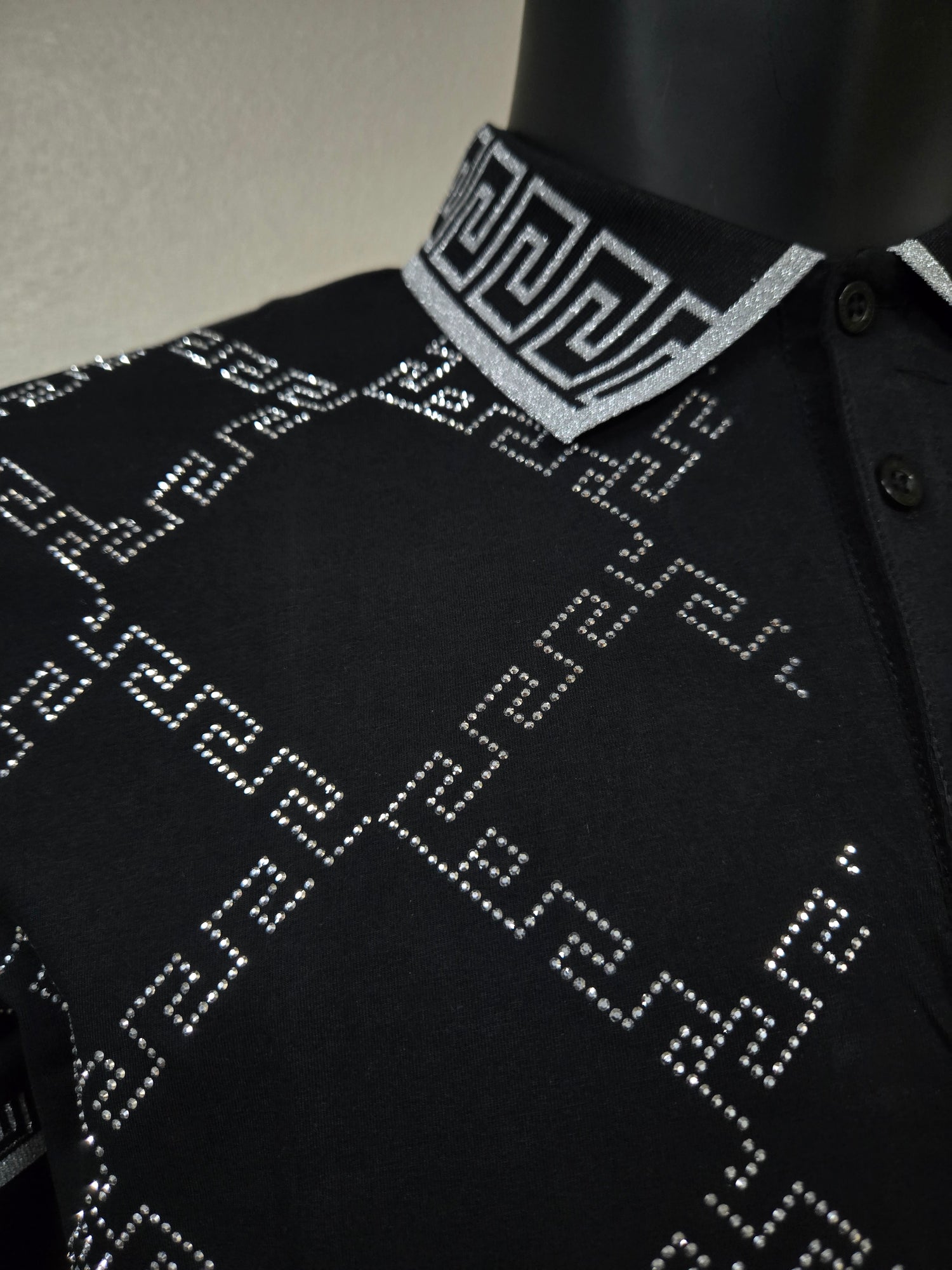 Mens Romeo Rhinestone Greek Pattern Polo Brillante Shirt - Black
