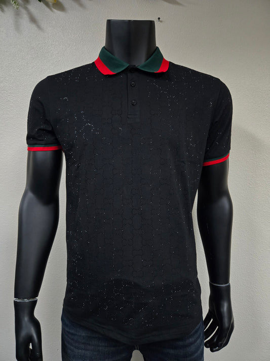 Mens Italiano Rhinestone Polo Shirt - Black PL2449