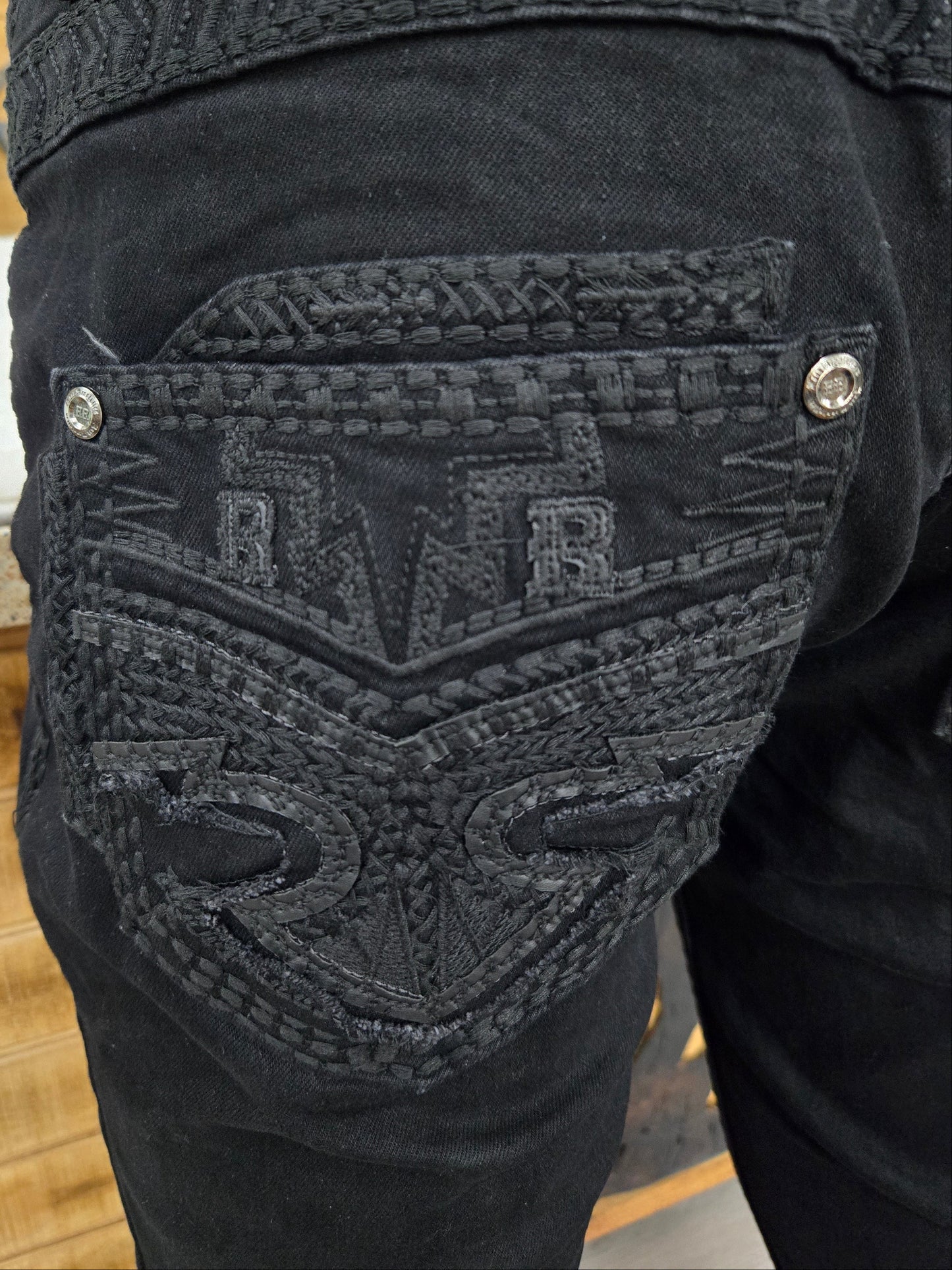 Rock Revolution Mens Shadow Embroidered Bootcut Straight Fit Jeans - Black
