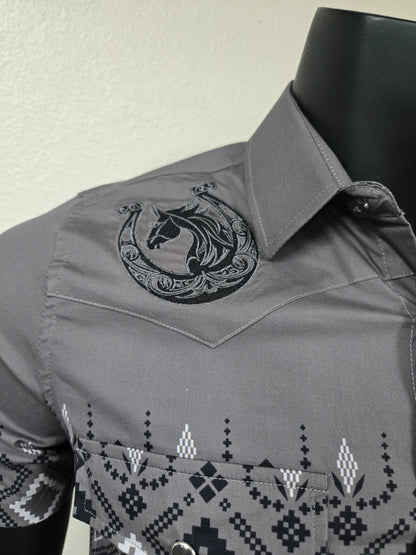 Lamasini Mens Horse Herradura Crest Snap Shirt - Charcoal, White