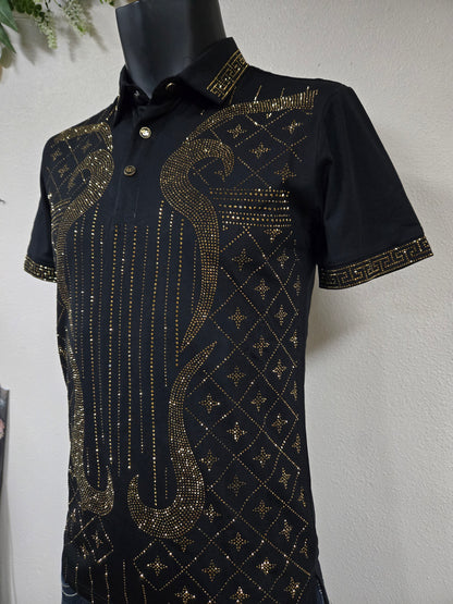 Mens "El Amador" Rhinestone Polo Shirt - Black
