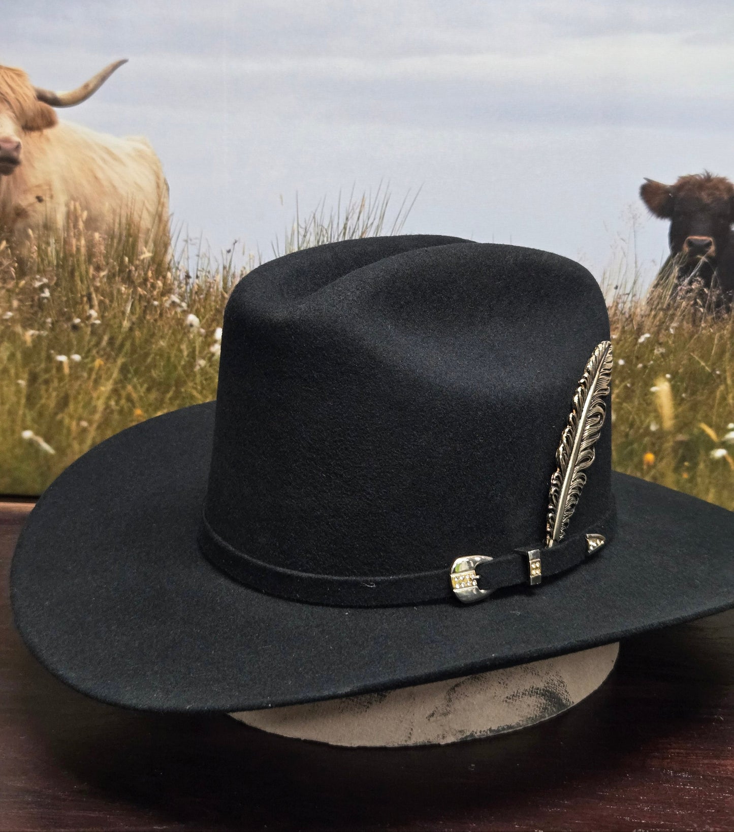 El Mayor 100x Belico Wool Felt Hat w/ Metal Feather -Black