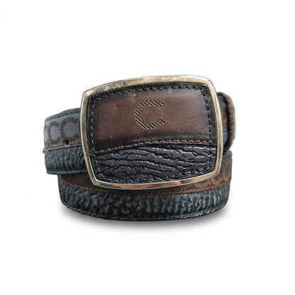Del Cesar Bull Print w/ C Engraving Belt - Black/Brown