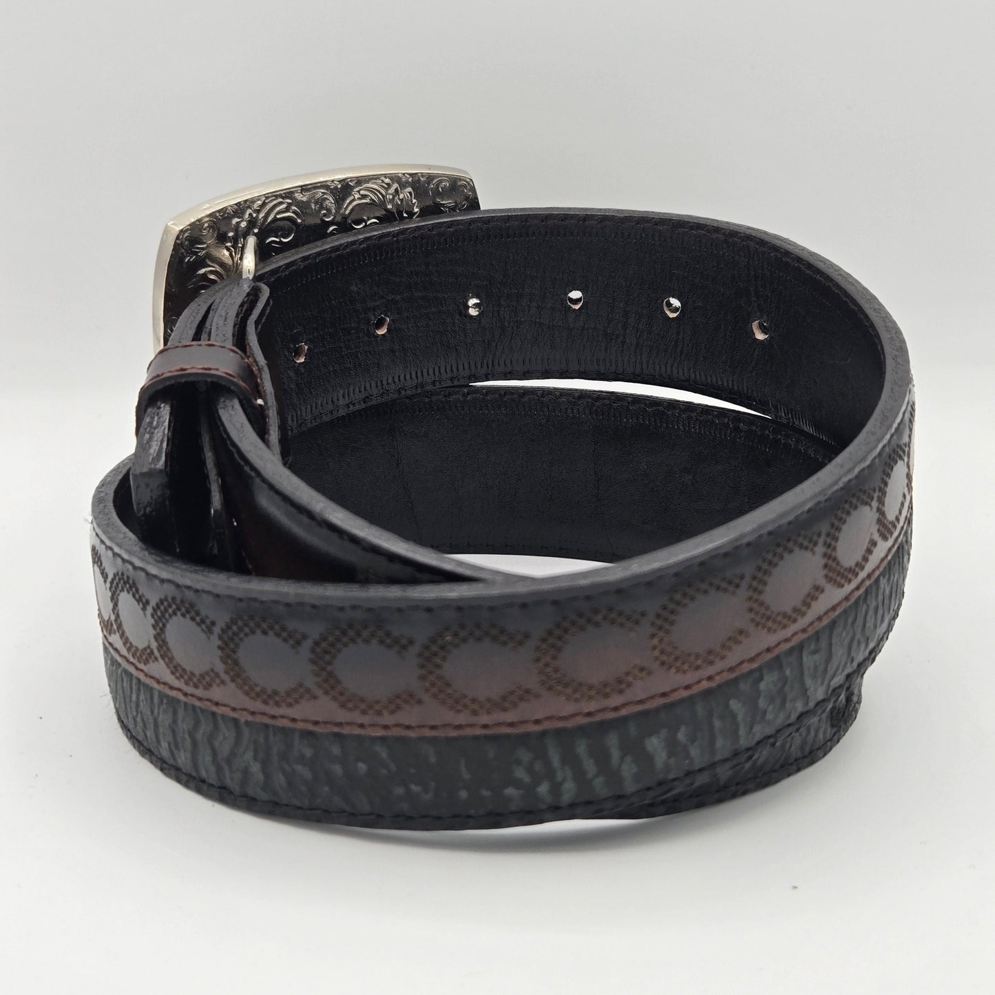Del Cesar Bull Print w/ C Engraving Belt - Black/Brown