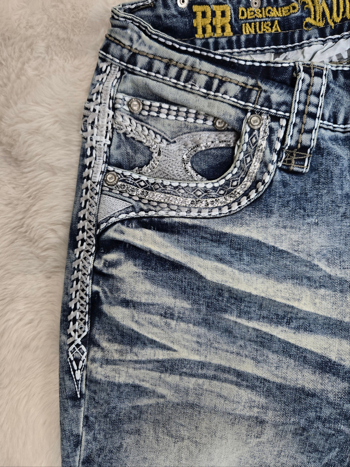 Revolution Mens Sky Bootcut Straight fit Embroidered Jeans - Ice