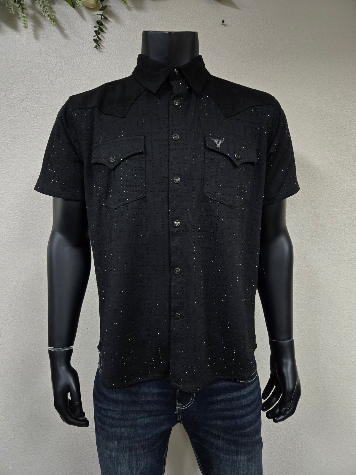 Mens "Vaquero Casual" Rhinestone Short Sleeve Shirt - Black