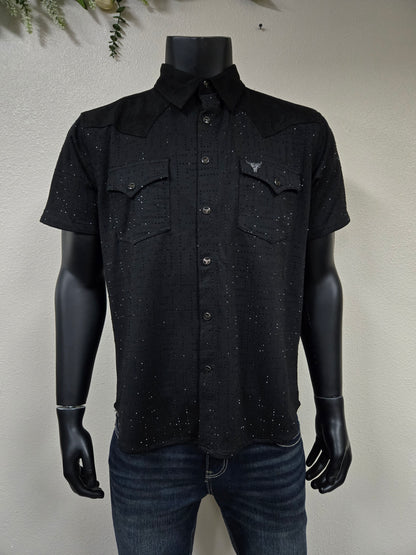 Mens "Vaquero Casual" Rhinestone Short Sleeve Shirt - Black