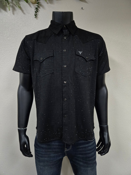 Mens "Vaquero Casual" Rhinestone Short Sleeve Shirt - Black