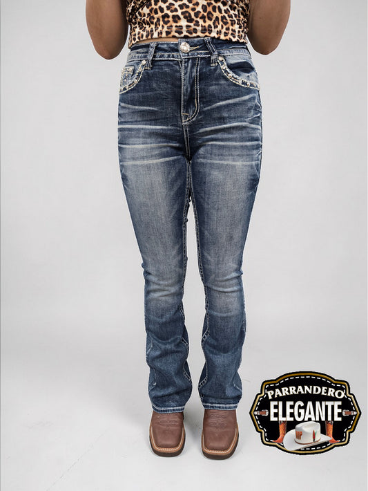 Lamasini Womens Starlight Bootcut Embroidered Jeans - L Blue 769