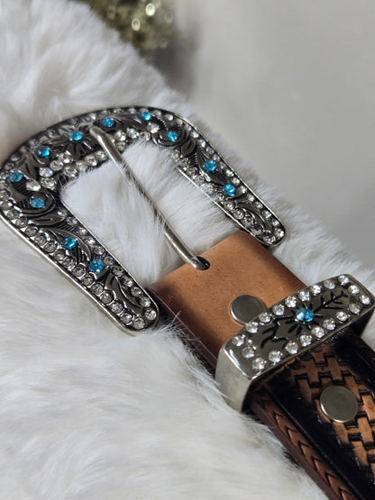 Tony Dilaz Womens Woven Jewel Flower Leather Belt