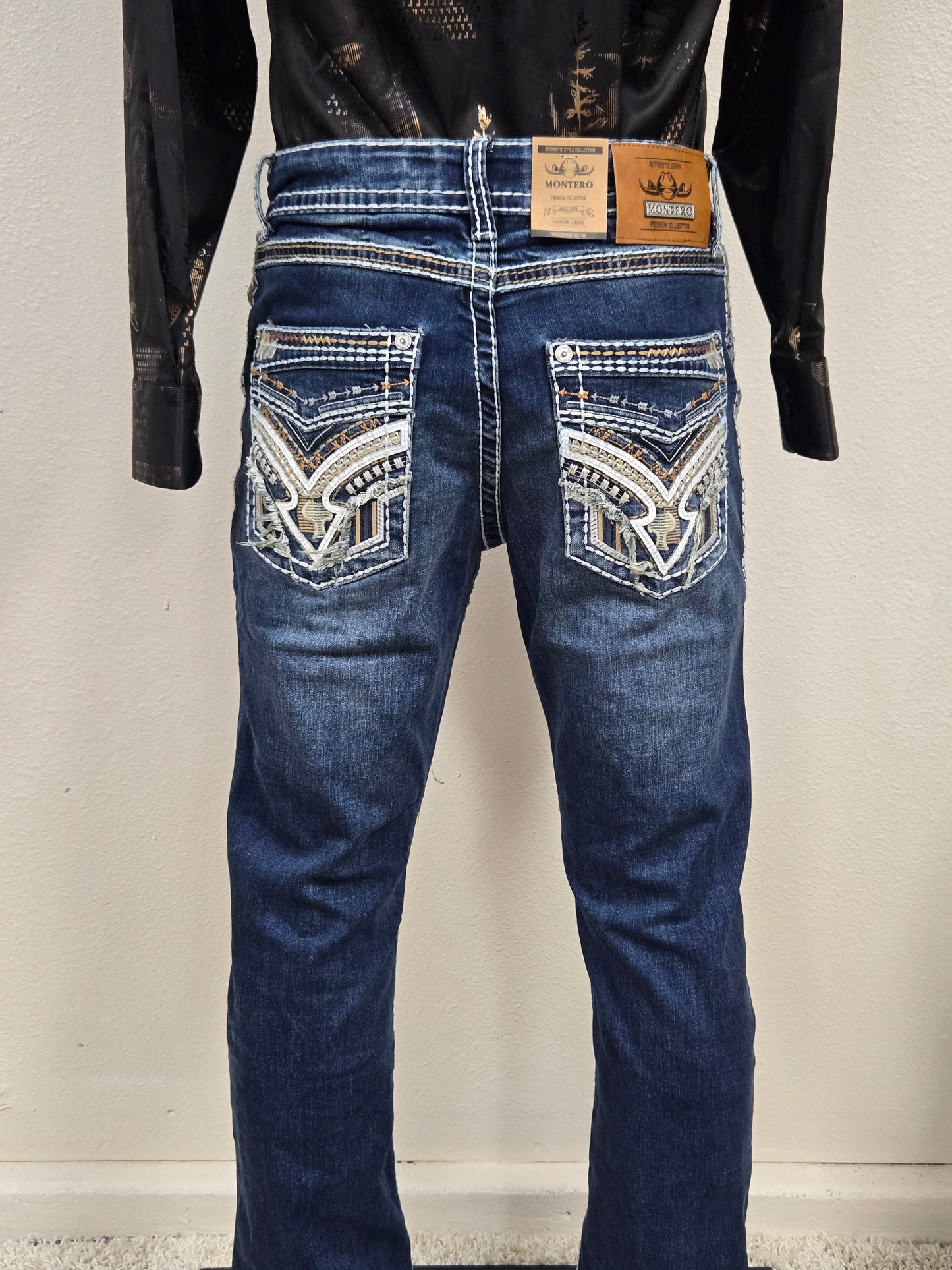 Montero Mens Embroidered Bootcut Pants - Medium Blue MT4632