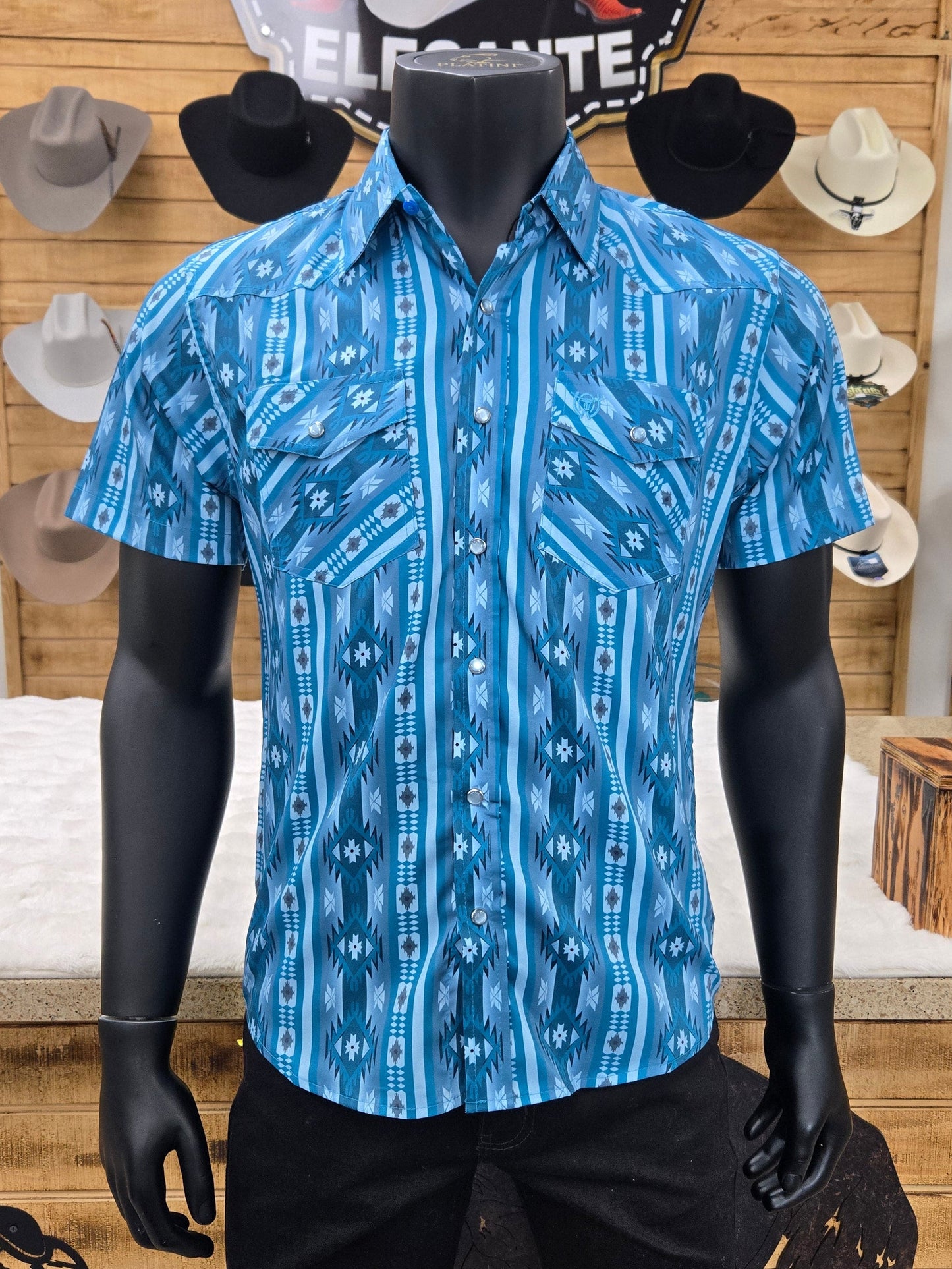 American West Mens Aztec Print Short Sleeve Button Shirt - Blue