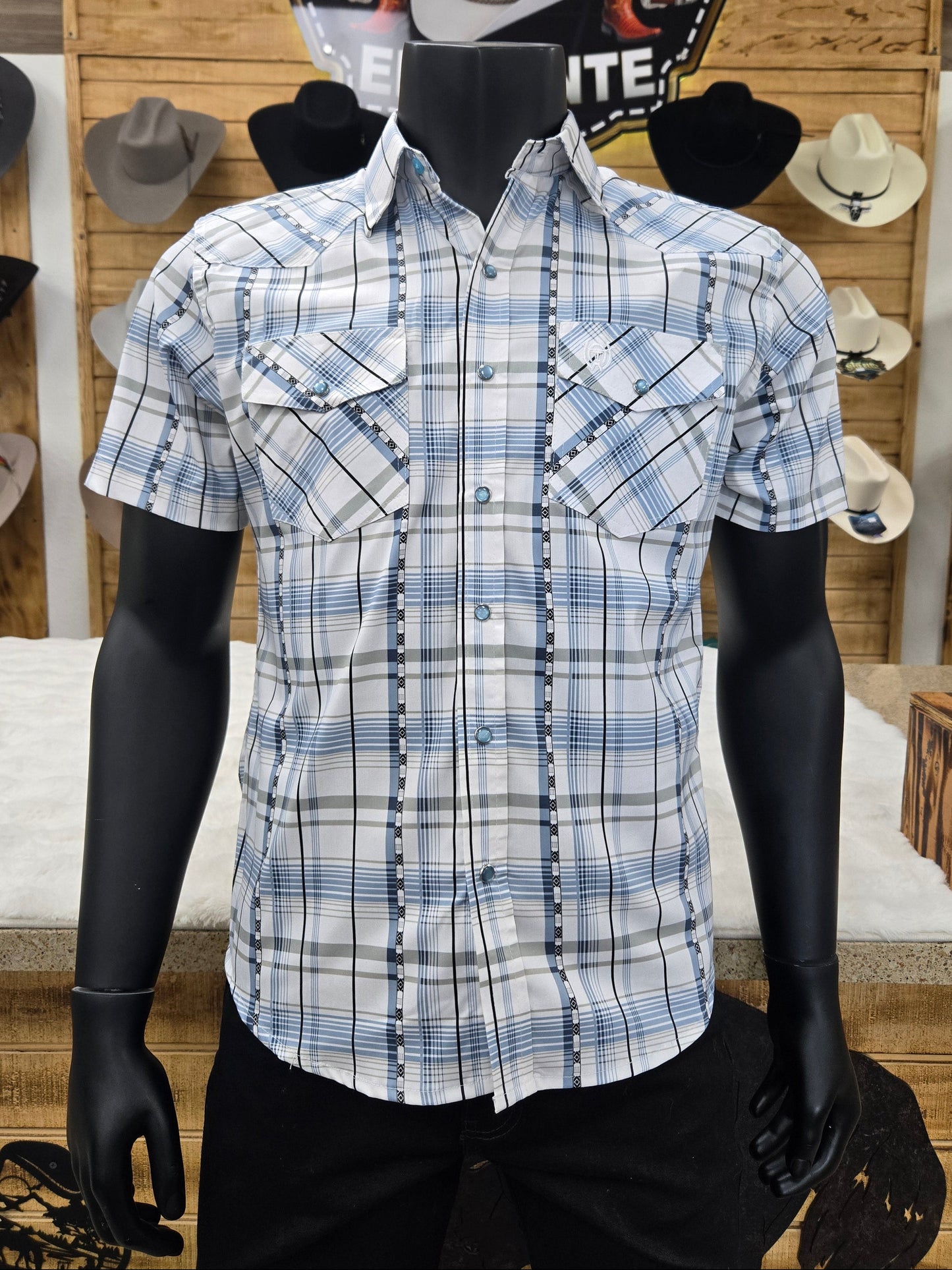 American West Mens Celso Short Sleeve Button Shirt - White/Blue