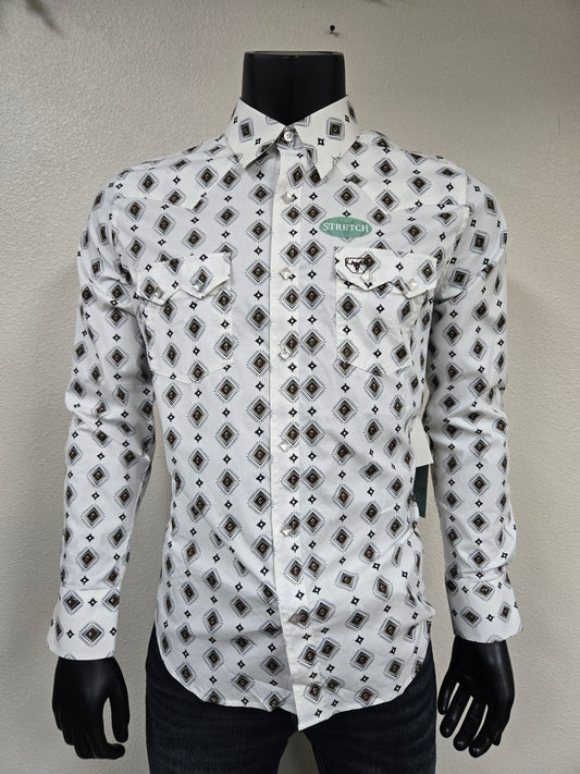 Platini Mens Western Modern Fit Shirt with Snaps - White