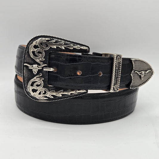 Denver Mens 3-Piece Buckle Caiman Design Belt - Black