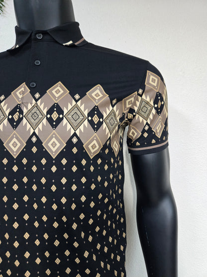 Lamasini Mens Diamond Aztec Print Polo - Black