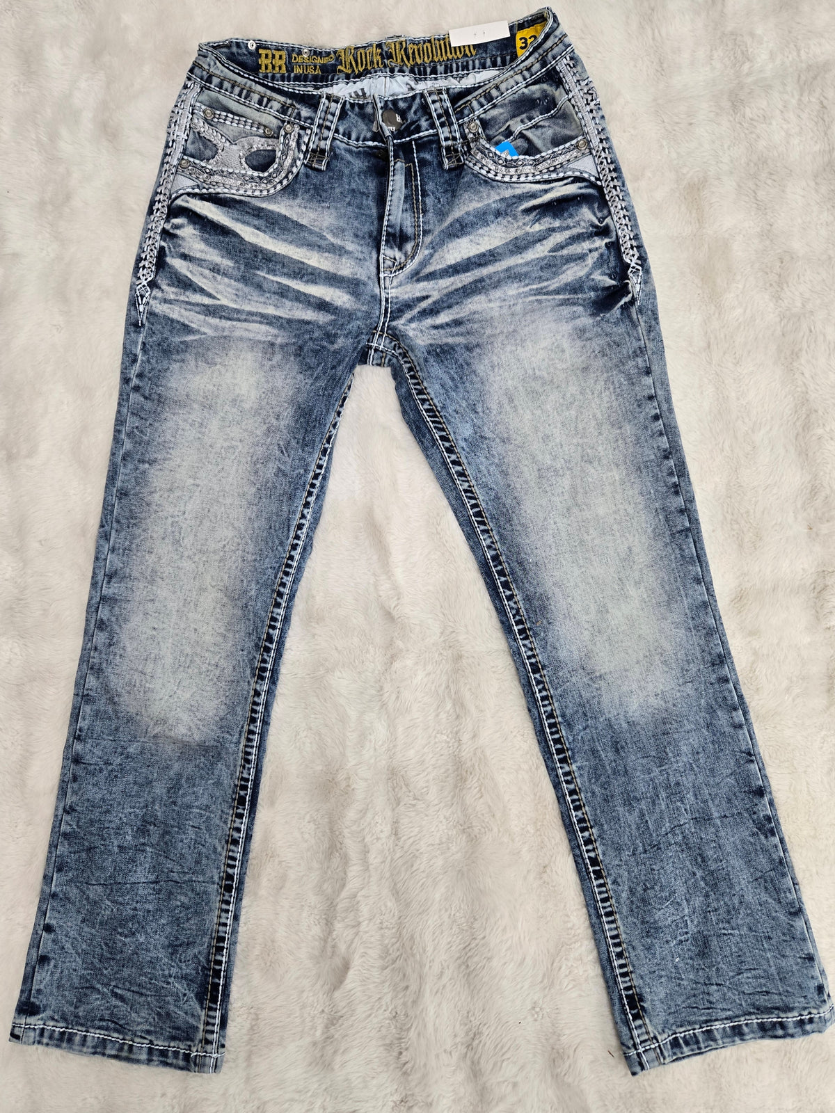 Revolution Mens Sky Bootcut Straight fit Embroidered Jeans - Ice