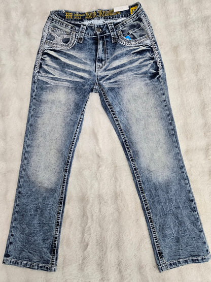 Revolution Mens Sky Bootcut Straight fit Embroidered Jeans - Ice