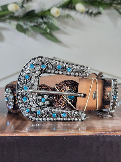 Tony Dilaz Womens Woven Jewel Flower Leather Belt