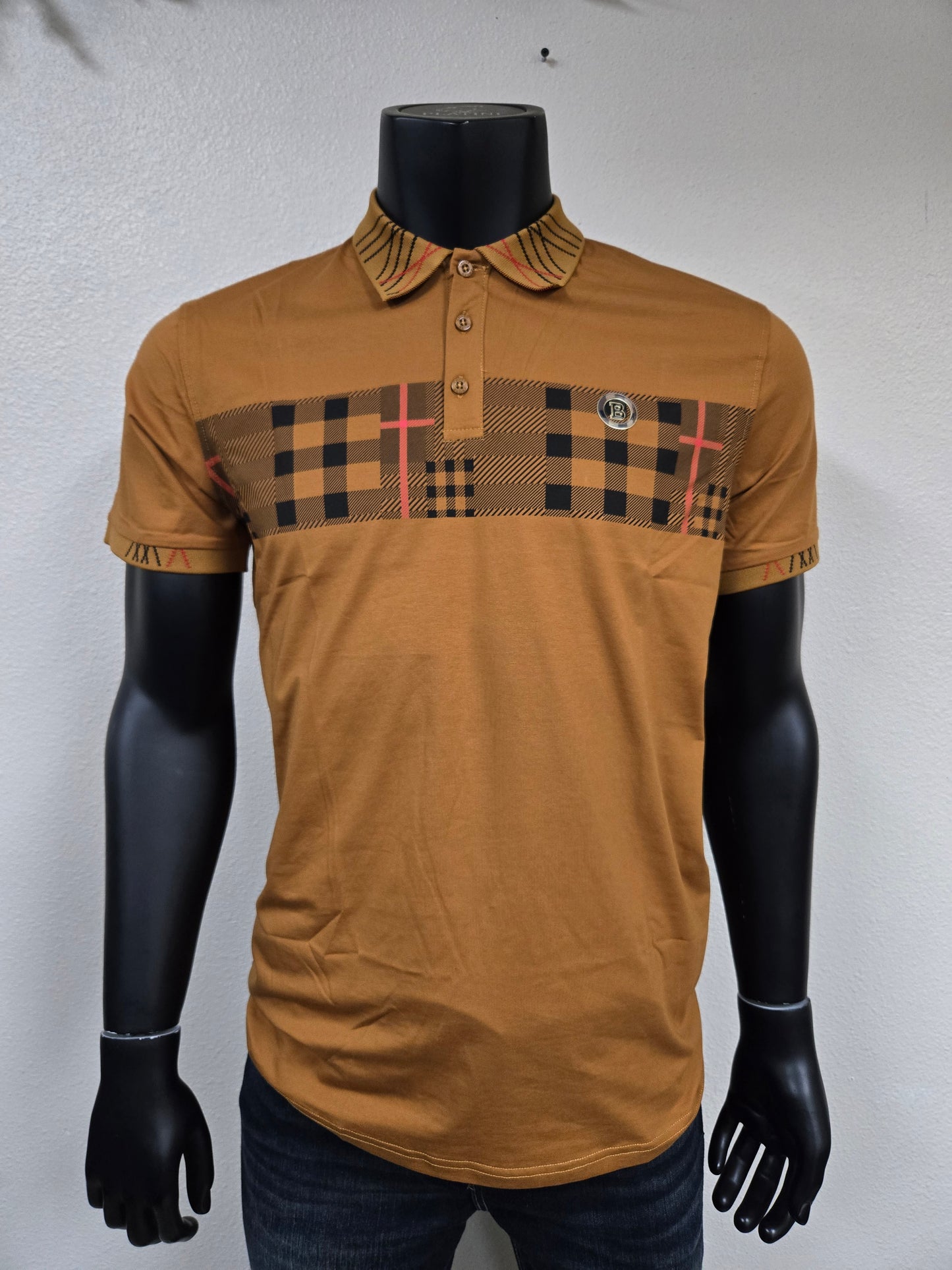 Mens Mateo Plaid Stripe Polo Shirt - Black, Camel