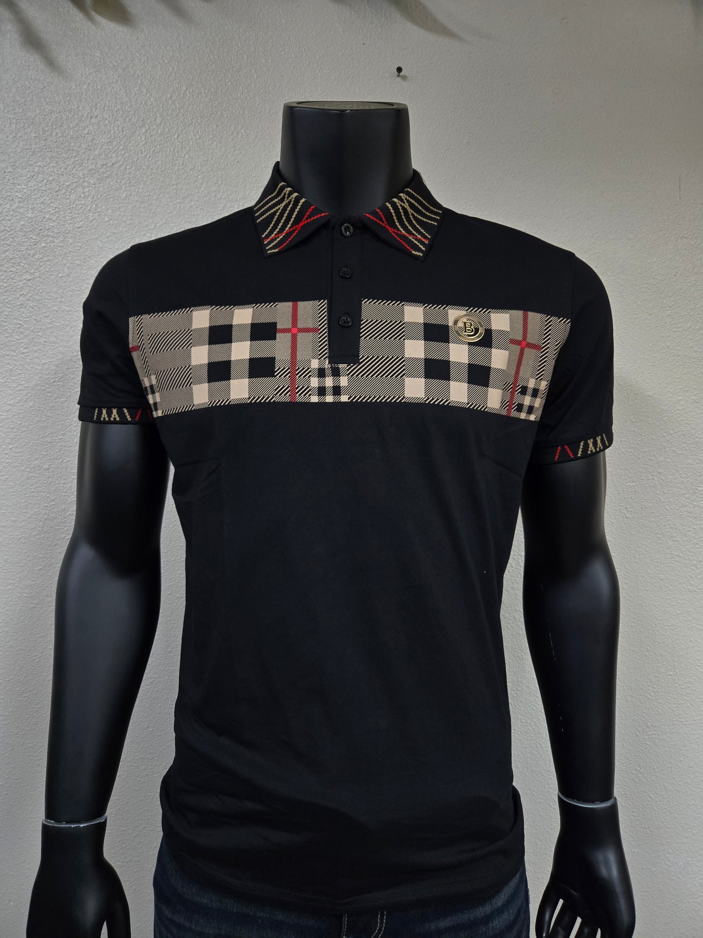 Mens Mateo Plaid Stripe Polo Shirt - Black, Camel
