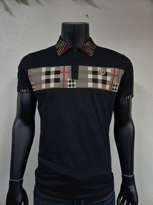 Mens Mateo Plaid Stripe Polo Shirt - Black, Camel