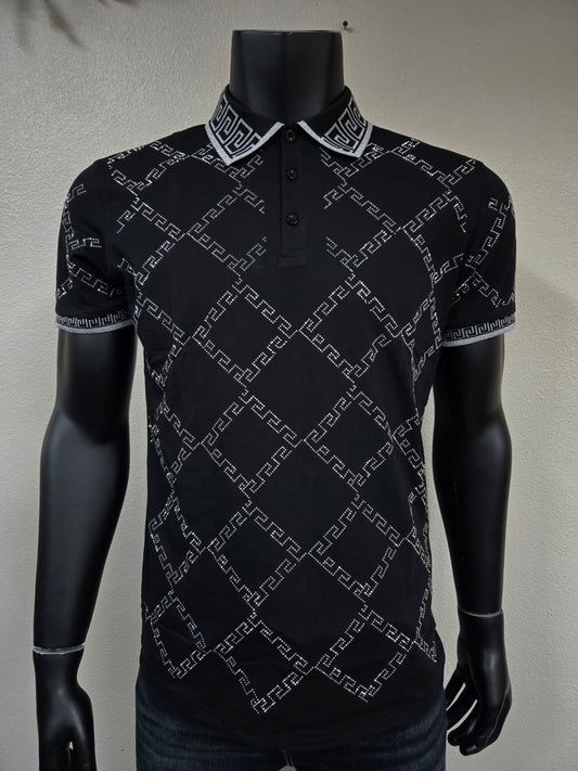 Mens Romeo Rhinestone Greek Pattern Polo Brillante Shirt - Black