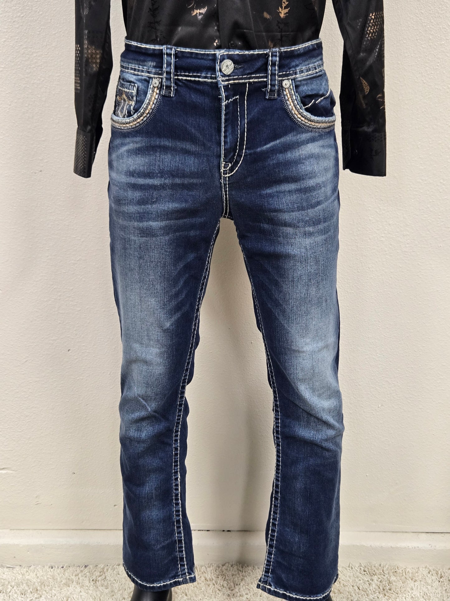 Montero Mens Embroidered Bootcut Jeans - Medium Blue MT4642