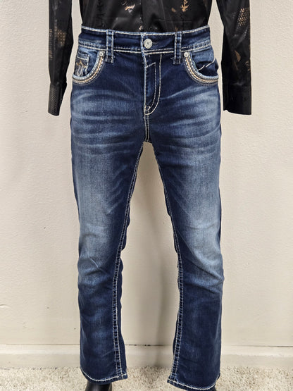 Montero Mens Embroidered Bootcut Jeans - Medium Blue MT4642