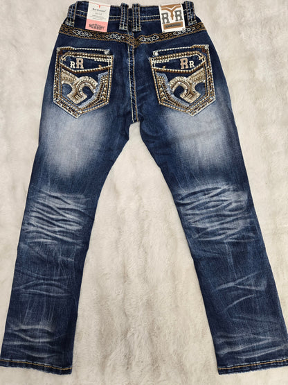 Rock Revolution Mens Esteban Embroidered Bootcut Straight Fit Jean - Medium Blue