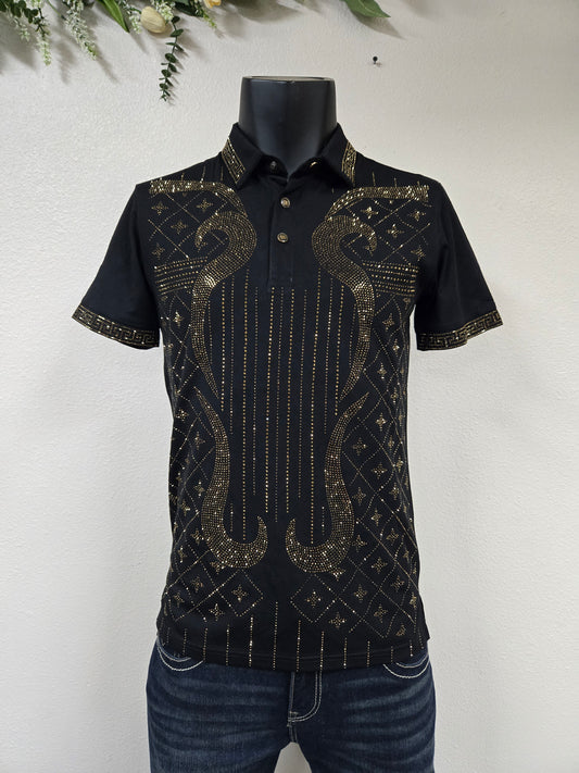Mens "El Amador" Rhinestone Polo Shirt - Black