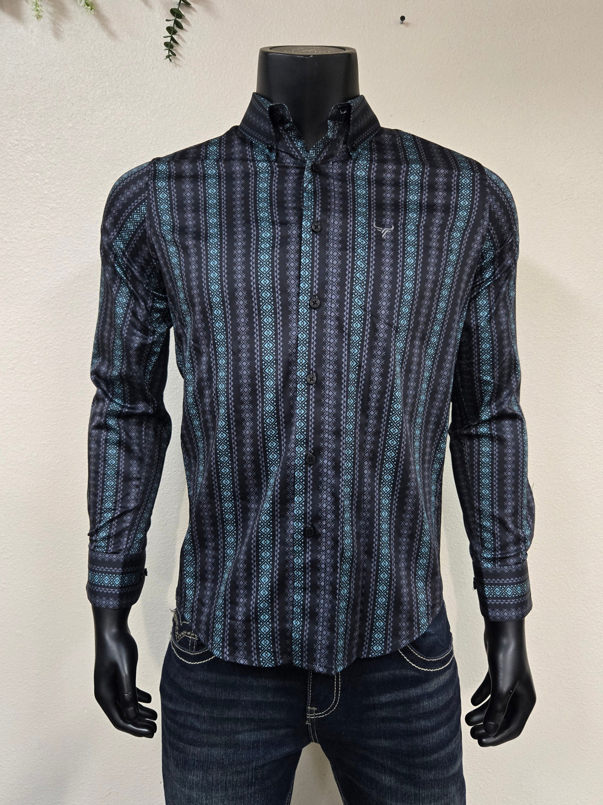 Lamasini Mens Aztec Stripe Long Sleeve Shirt - Black