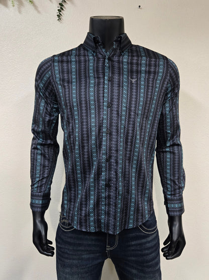 Lamasini Mens Aztec Stripe Long Sleeve Shirt - Black