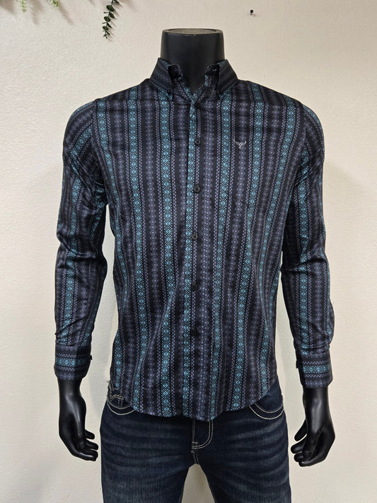 Lamasini Mens Aztec Stripe Long Sleeve Shirt - Black