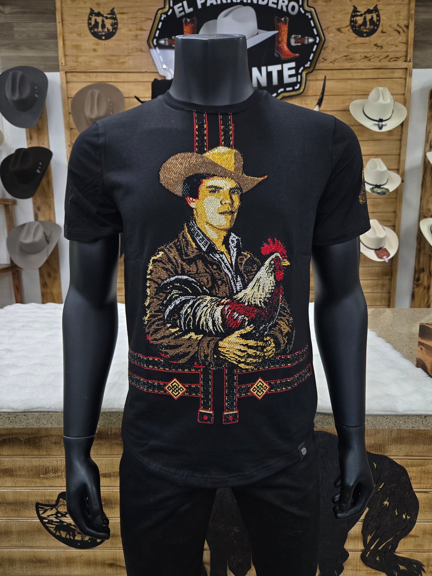 Mens Chalino Gallo Rhinestone Slim Fit Tshirt- Black
