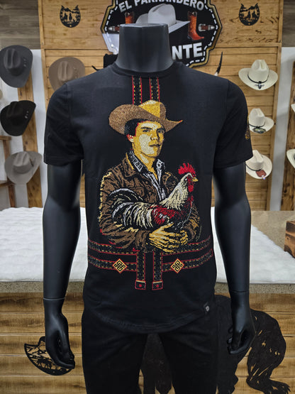 Mens Chalino Gallo Rhinestone Slim Fit Tshirt- Black