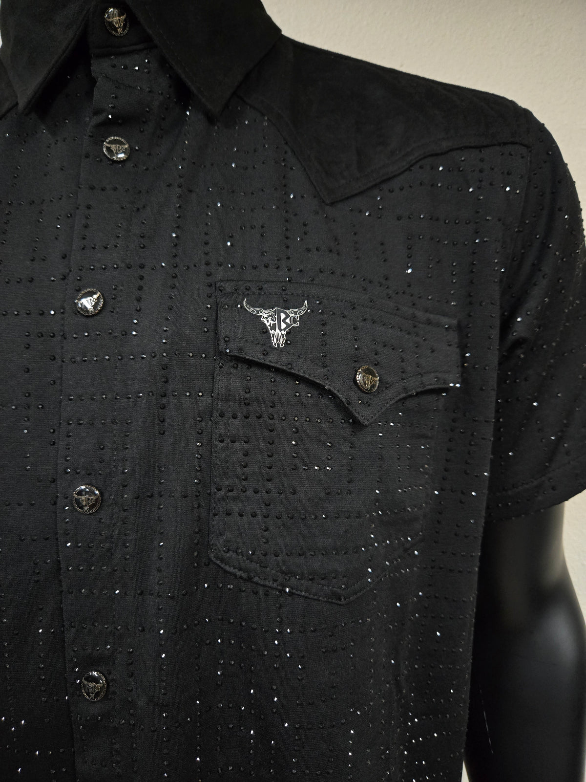 Mens "Vaquero Casual" Rhinestone Short Sleeve Shirt - Black