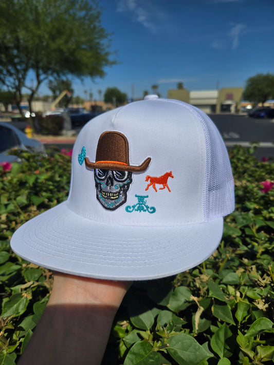 Skull Cowboy Trucker Flat Cap - White