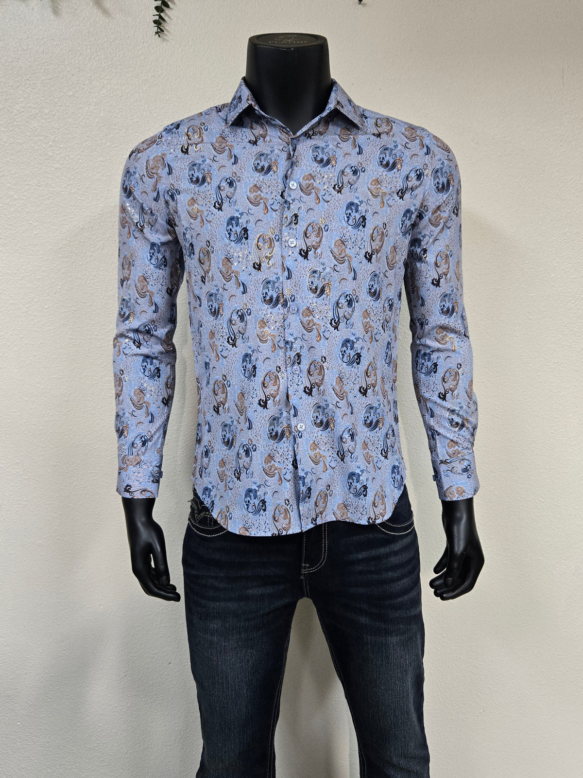 Montero Celso Long Sleeve Foil Shirt Camisa Fresca - Blue