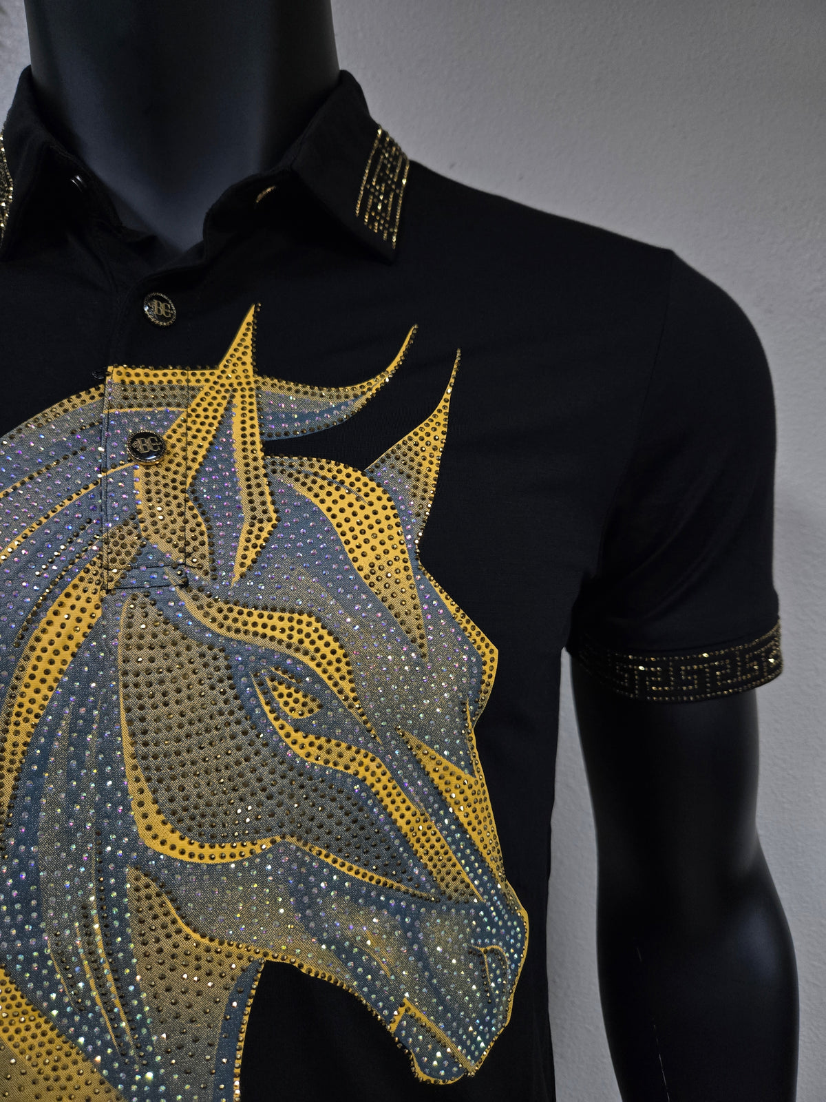 Mens Caballo Brillante Rhinestone Polo Shirt - Black