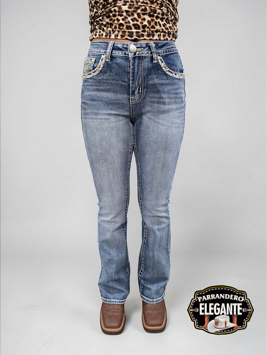 Lamasini Womens Nebula Bootcut Embroidered Jeans - L Blue 772