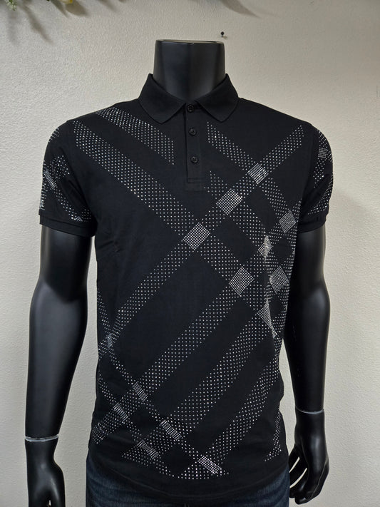 Mens Ricardo Rhinestone Polo Brillante Shirt - Black PL2443